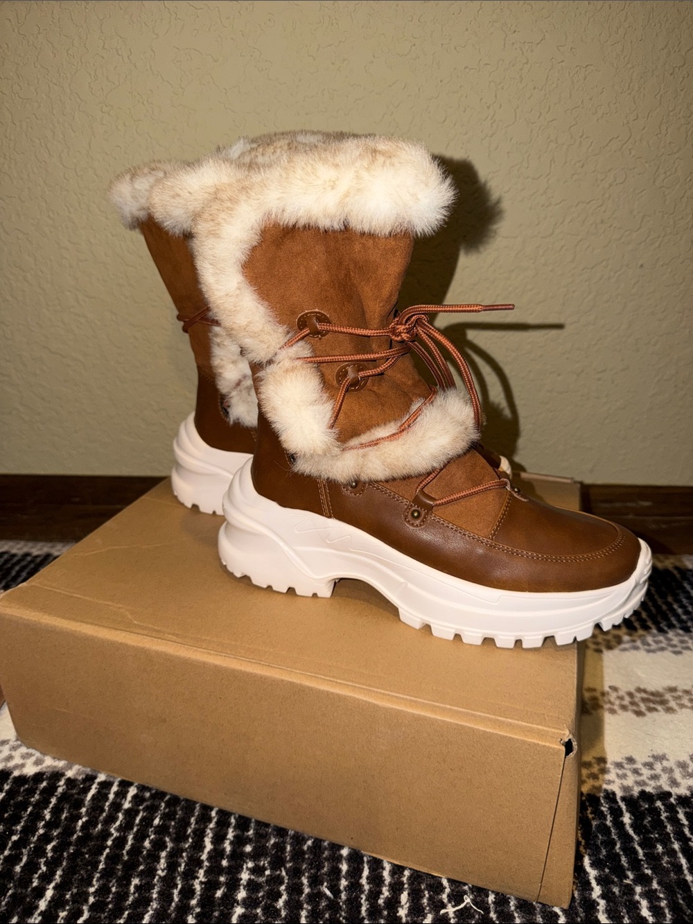 Journee Collection Brown Faux Fur Trim Lace-Up Winter Boots with White Sole
